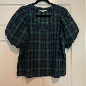LOFT Green and Blue Plaid Puff Sleeve Blouse